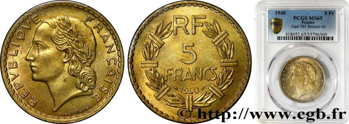 5 francs Lavrillier, bronze-aluminium 1940  F.337/4 ST65 PCGS