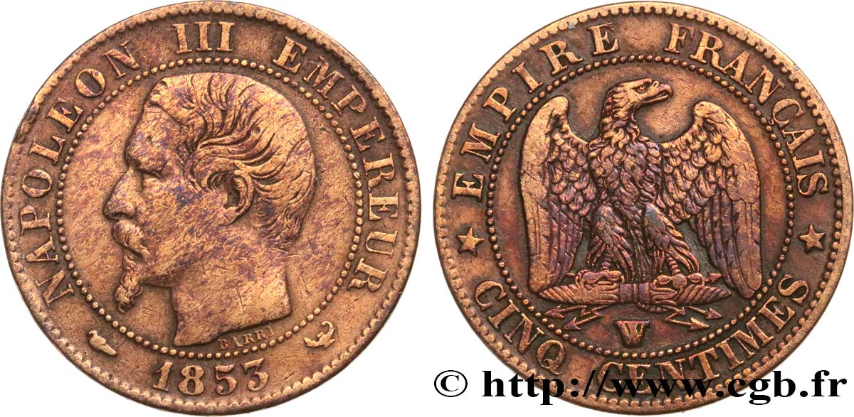 Cinq centimes Napoléon III, tête nue 1853 Lille F.116/7 fSS 