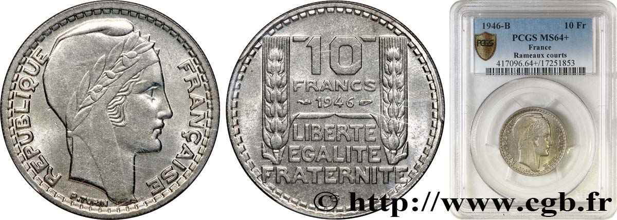 10 francs Turin, grosse tête, rameaux courts 1946 Beaumont-Le-Roger F.361A/3 fST64 PCGS