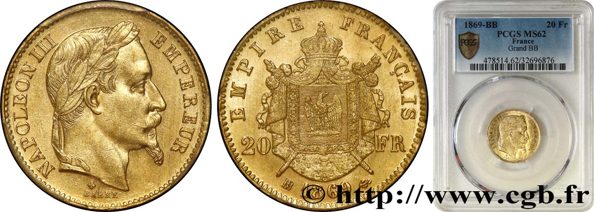 20 francs or Napoléon III, tête laurée, grand BB 1869 Strasbourg F.532/22 EBC62 PCGS
