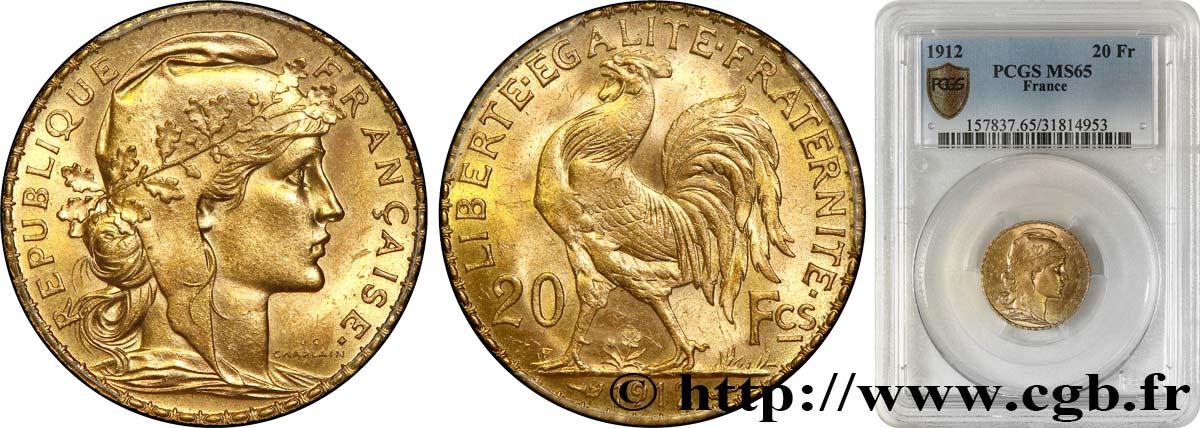 20 francs or Coq, Liberté Égalité Fraternité 1912 Paris F.535/6 MS65 PCGS