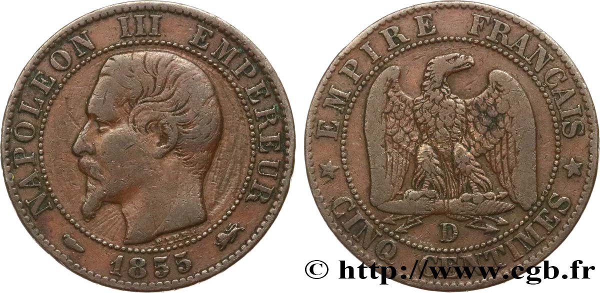 Cinq centimes Napoléon III, tête nue 1855 Lyon F.116/22 TB 