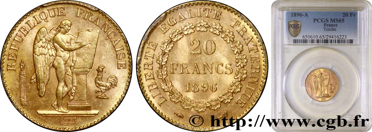 20 francs or Génie, Troisième République, différent torche 1896 Paris F.533/21 ST65 PCGS
