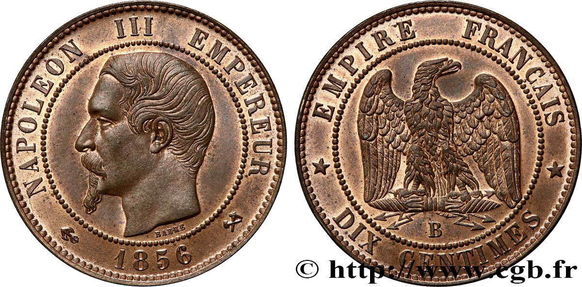 Dix centimes Napoléon III, tête nue 1856 Rouen F.133/35 fST63 