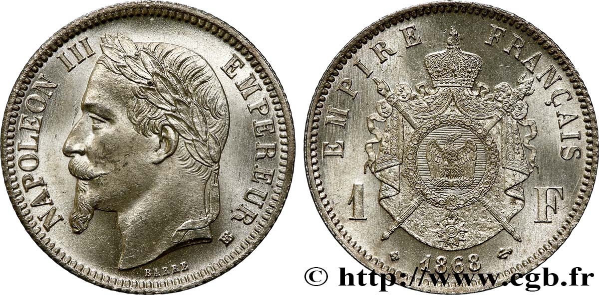 1 franc Napoléon III, tête laurée 1868 Strasbourg F.215/11 fST63 