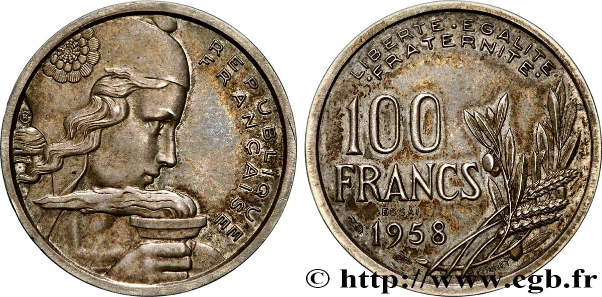 Essai-piéfort de 100 francs Cochet en argent 1958  GEM.230 EP2 EBC62 