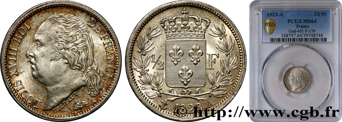 1/2 franc Louis XVIII 1823 Paris F.179/34 fST64 PCGS