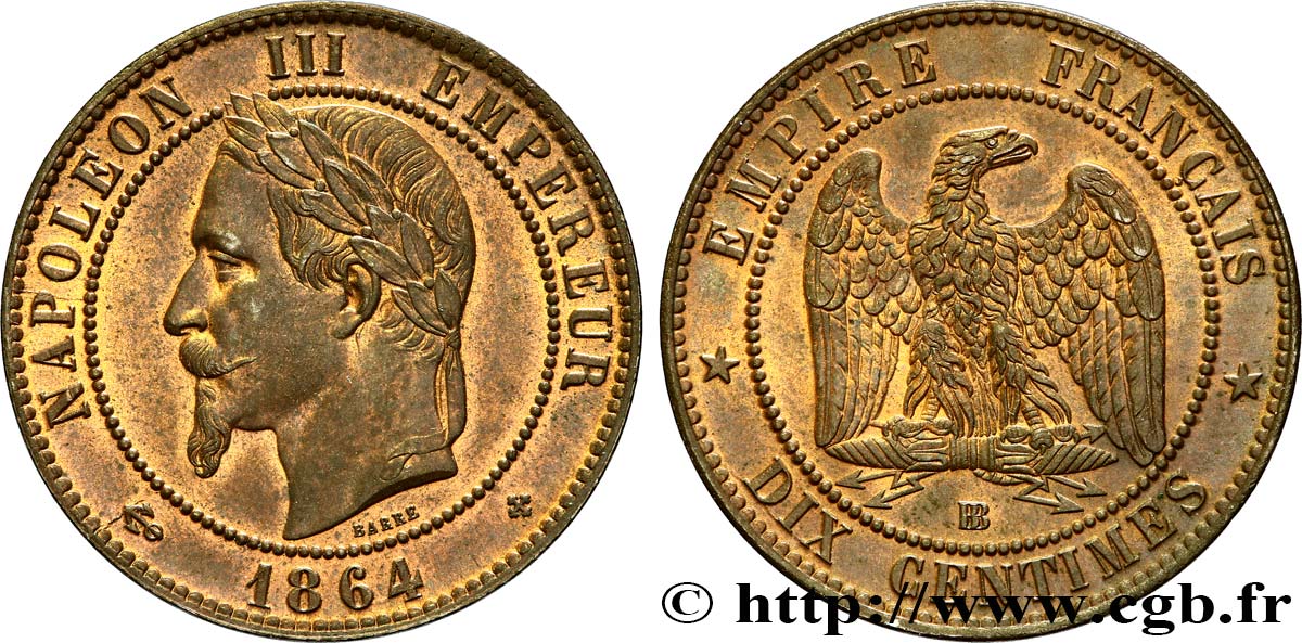 Dix centimes Napoléon III, tête laurée 1864 Strasbourg F.134/14 EBC60 