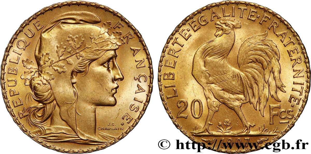 20 francs or Coq, Liberté Égalité Fraternité 1907 Paris F.535/1 SC64 