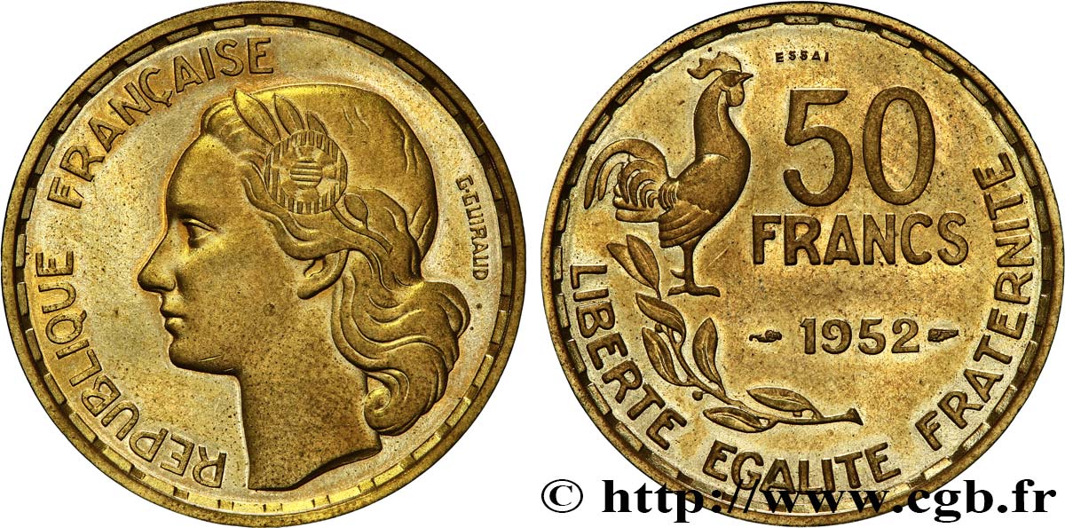 Essai-piéfort au double de 50 francs Guiraud 1952 Paris GEM.221 EP1 fST64 