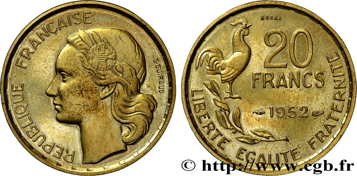 Essai-piéfort au double de 20 francs G. Guiraud, 4 faucilles 1952 Paris GEM.211 EP1 SC63 