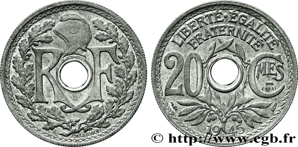 Essai de 20 centimes Lindauer en zinc 1945 Paris F.155/1 MS64 