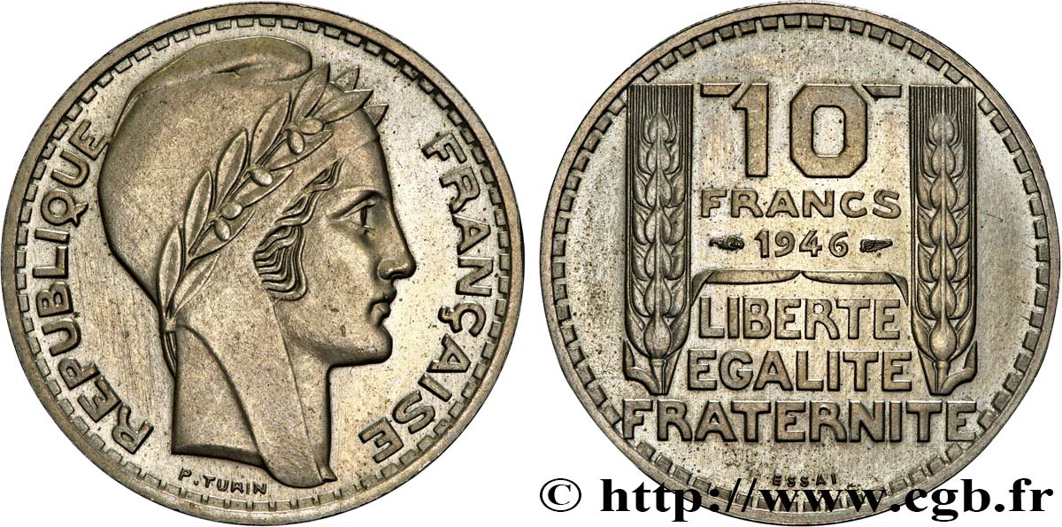 Essai-piéfort de 10 francs Turin, grosse tête, rameaux longs 1946 Paris GEM.180 EP SPL63 