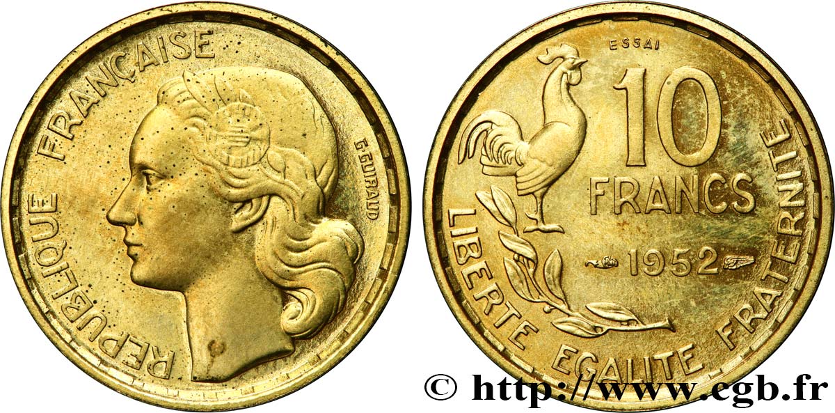 Essai-piéfort au double de 10 francs Guiraud 1952 Paris GEM.182 EP SPL 