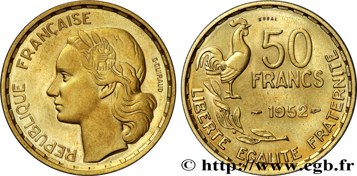 Essai-piéfort au double de 50 francs Guiraud 1952 Paris GEM.221 EP1 MS63 