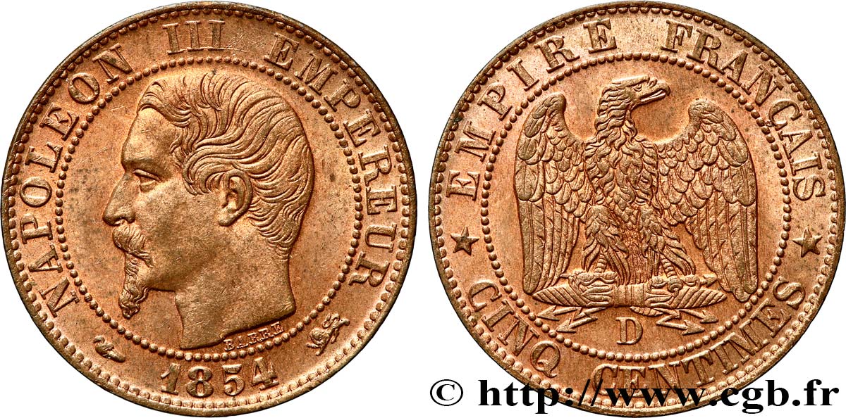 Cinq centimes Napoléon III, tête nue 1854 Lyon F.116/12 fST63 