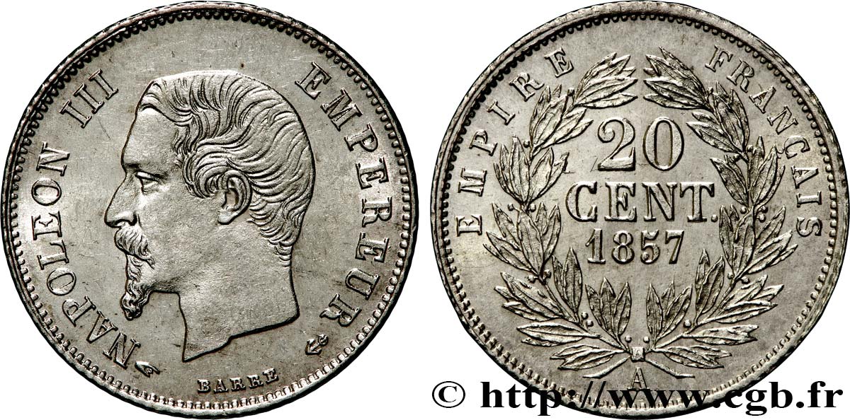 20 centimes Napoléon III, tête nue 1857 Paris F.148/7 SPL63 