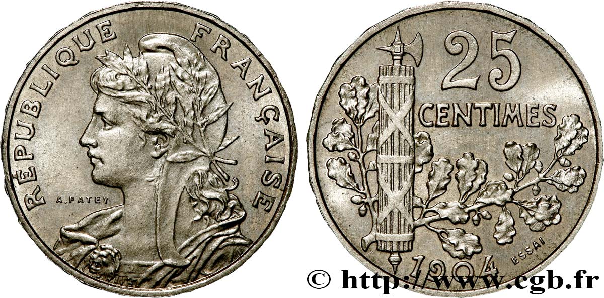 Essai de 25 centimes Patey, 2e type, tranche à 22 pans 1904 Paris F.169/1 fST64 