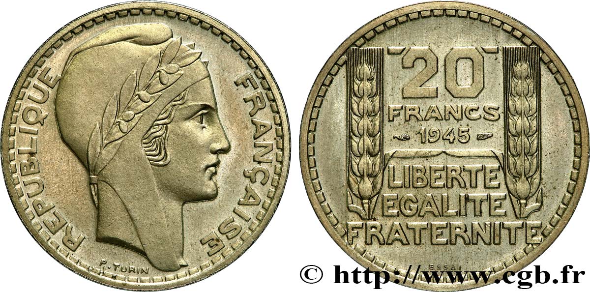 Essai-piéfort de 20 francs Turin nickel 1945  GEM.206 EP MS65 