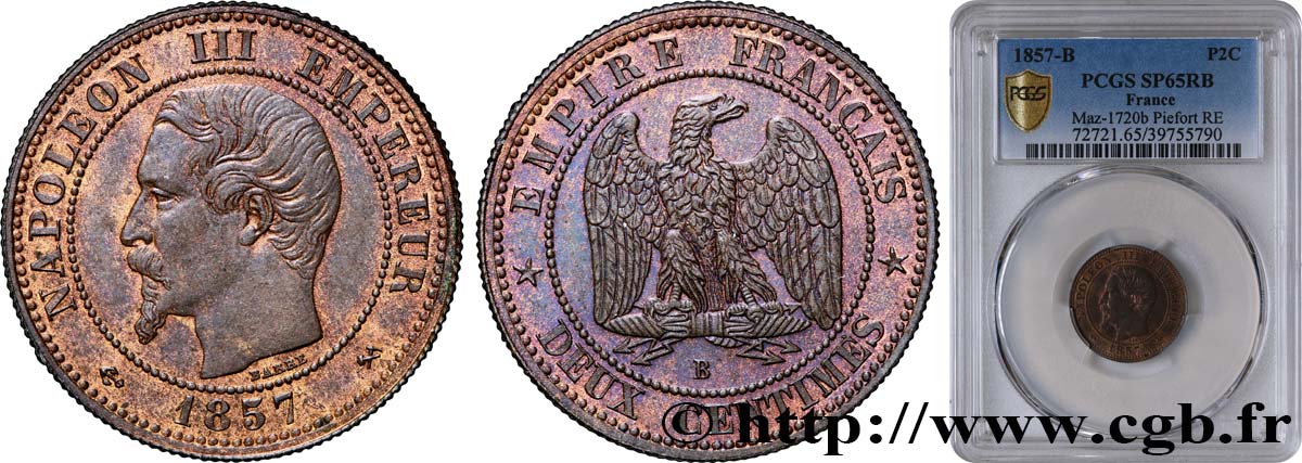 Piéfort de Deux centimes Napoléon III Tête Nue, tranche striée 1857 Rouen Maz.1720 b SC64 PCGS