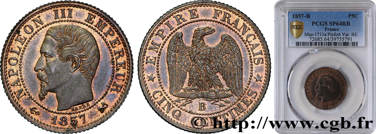 Piéfort de Cinq centimes Napoléon III Tête Nue, tranche striée 1857 Rouen Maz.1711 a SPL64 PCGS