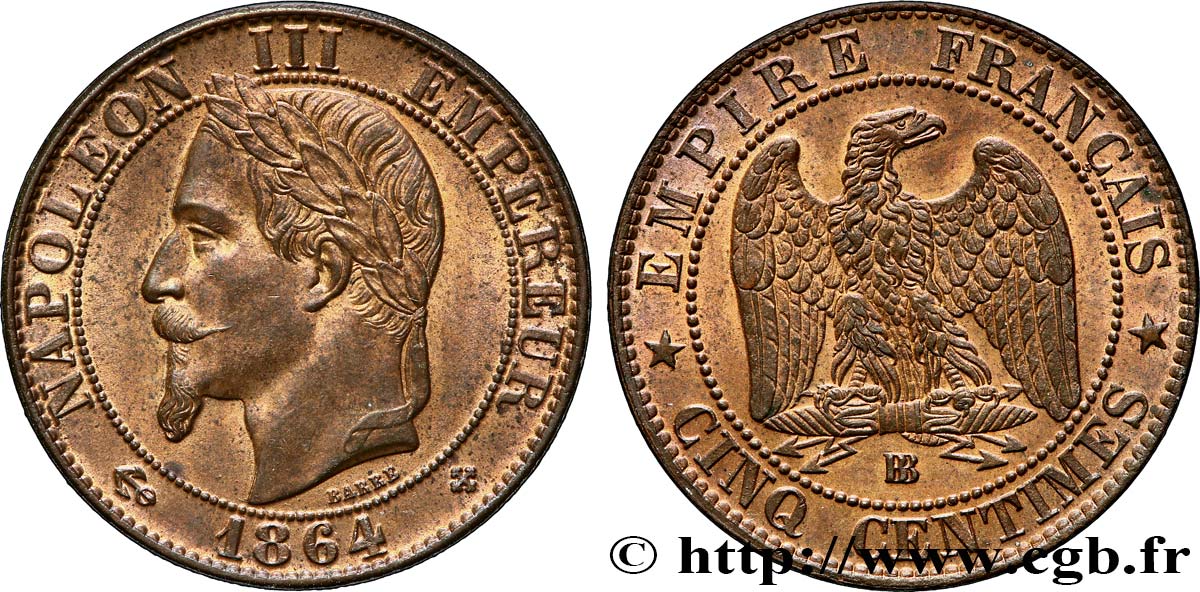 Cinq centimes Napoléon III, tête laurée 1864 Strasbourg F.117/14 MS63 