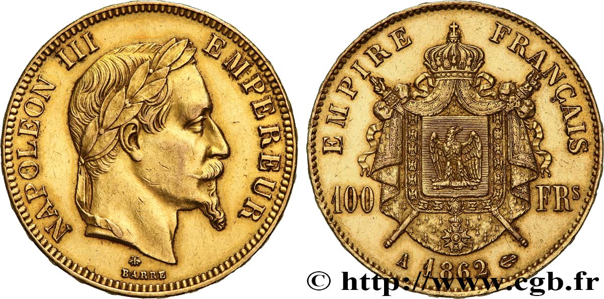 100 francs or Napoléon III, tête laurée 1862 Paris F.551/1 TTB+ 