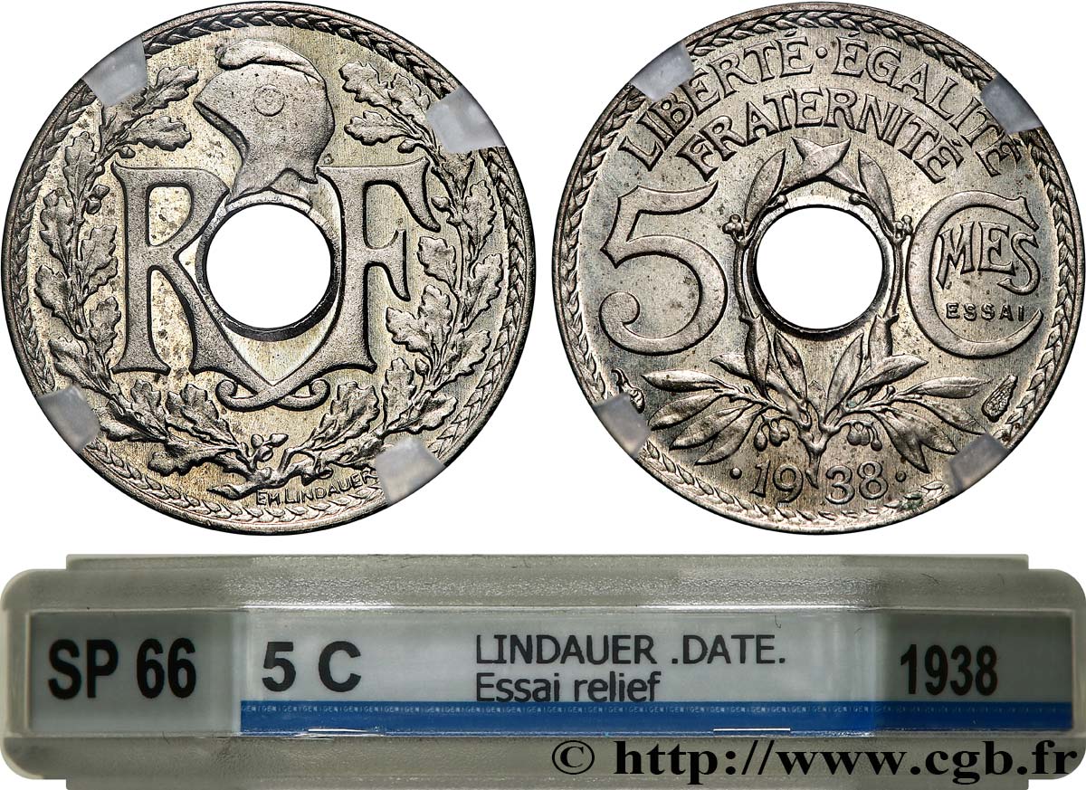 Essai de 5 centimes Lindauer maillechort, ESSAI en relief 1938 Paris GEM.19 11 MS66 GENI