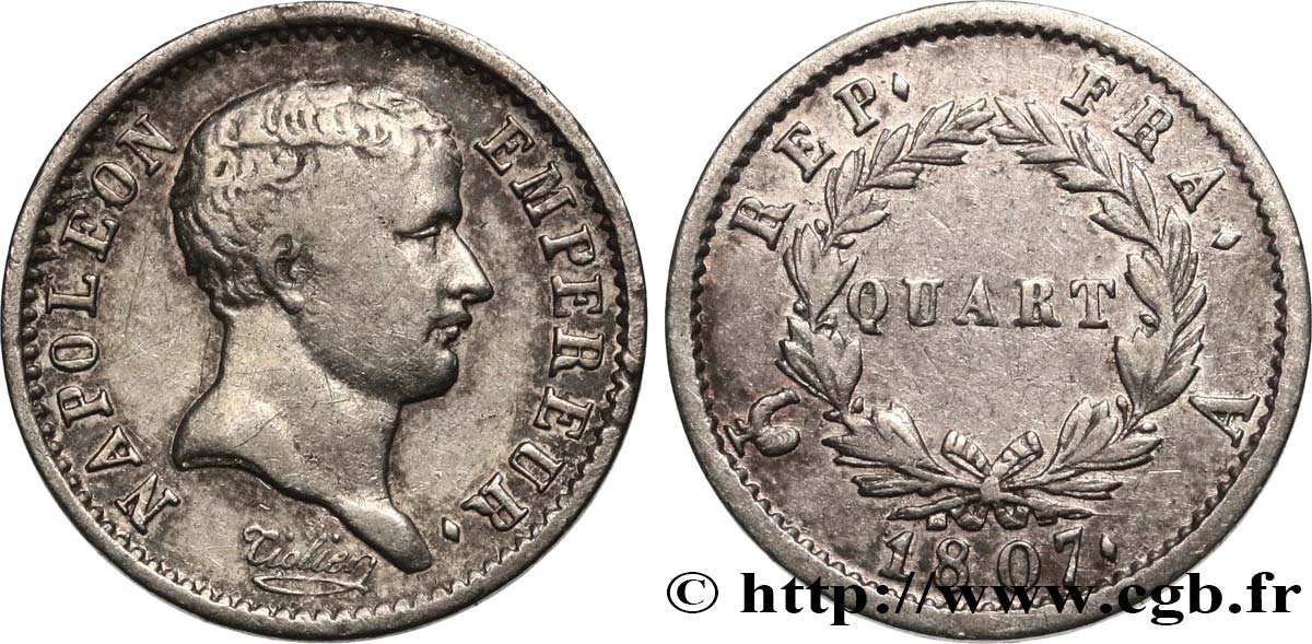 Quart (de franc) Napoléon Empereur, tête de nègre 1807 Paris F.160/1 TB35 