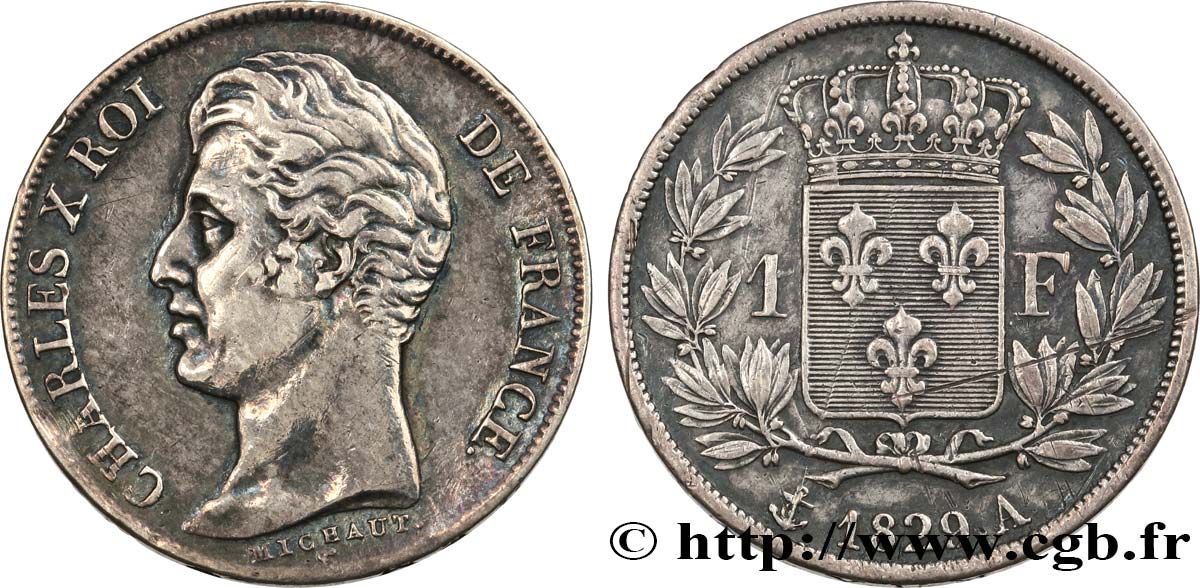 1 franc Charles X, matrice du revers à cinq feuilles 1829 Paris F.207/50 VF 