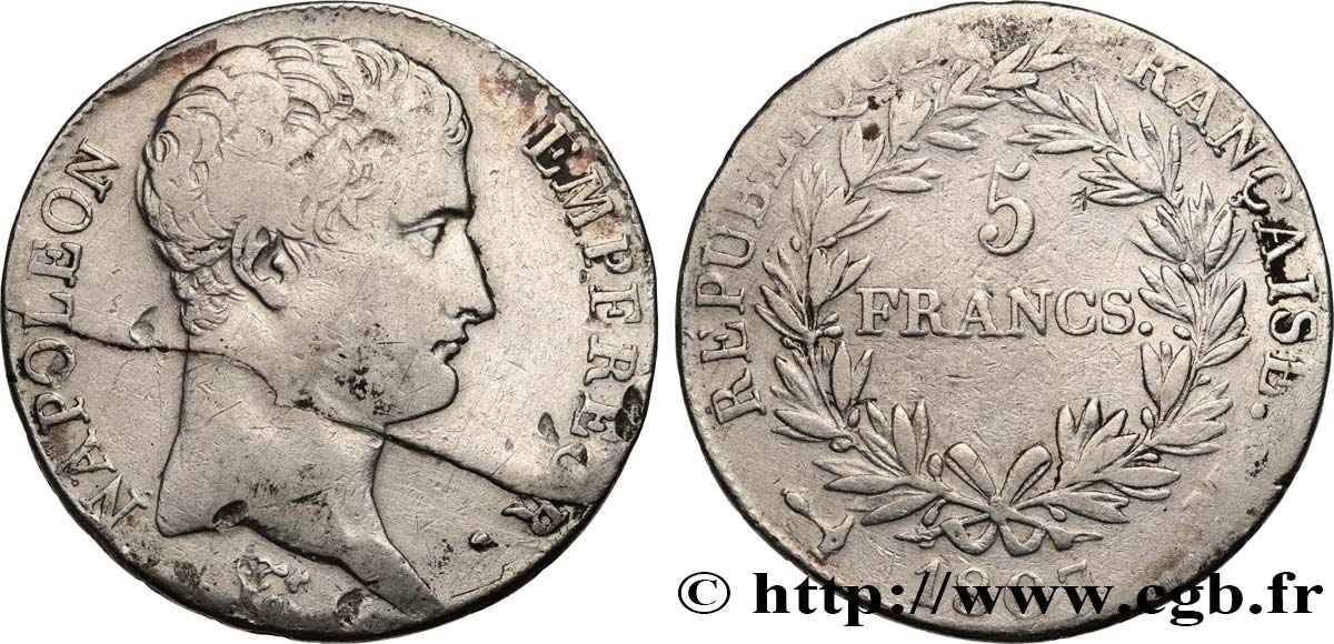 5 francs Napoléon Empereur, Calendrier grégorien 1807 Toulouse F.304/19 MB 