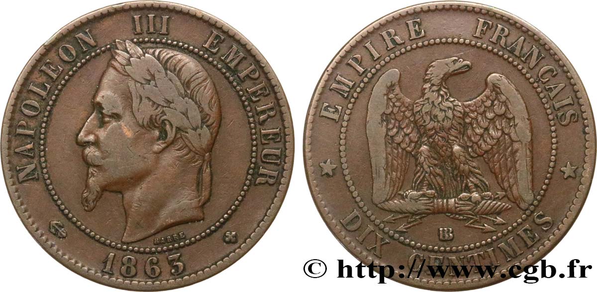 Dix centimes Napoléon III, tête laurée 1863 Strasbourg F.134/11 VF25 