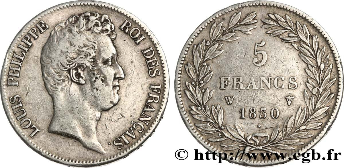 5 francs type Tiolier sans le I, tranche en creux 1830 Lille F.313/4 BC35 