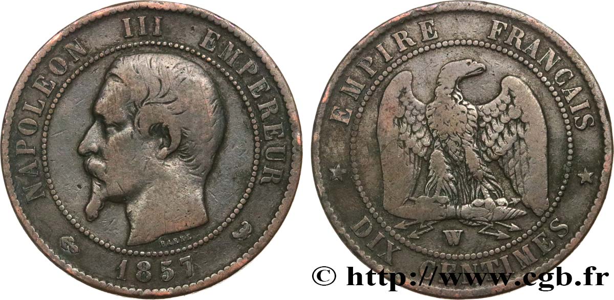 Dix centimes Napoléon III, tête nue 1857 Lille F.133/46 TB15 