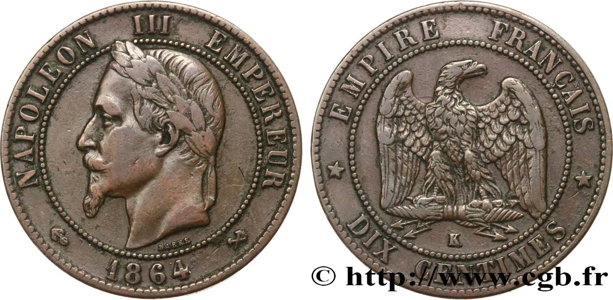 Dix centimes Napoléon III, tête laurée 1864 Bordeaux F.134/15 MBC40 