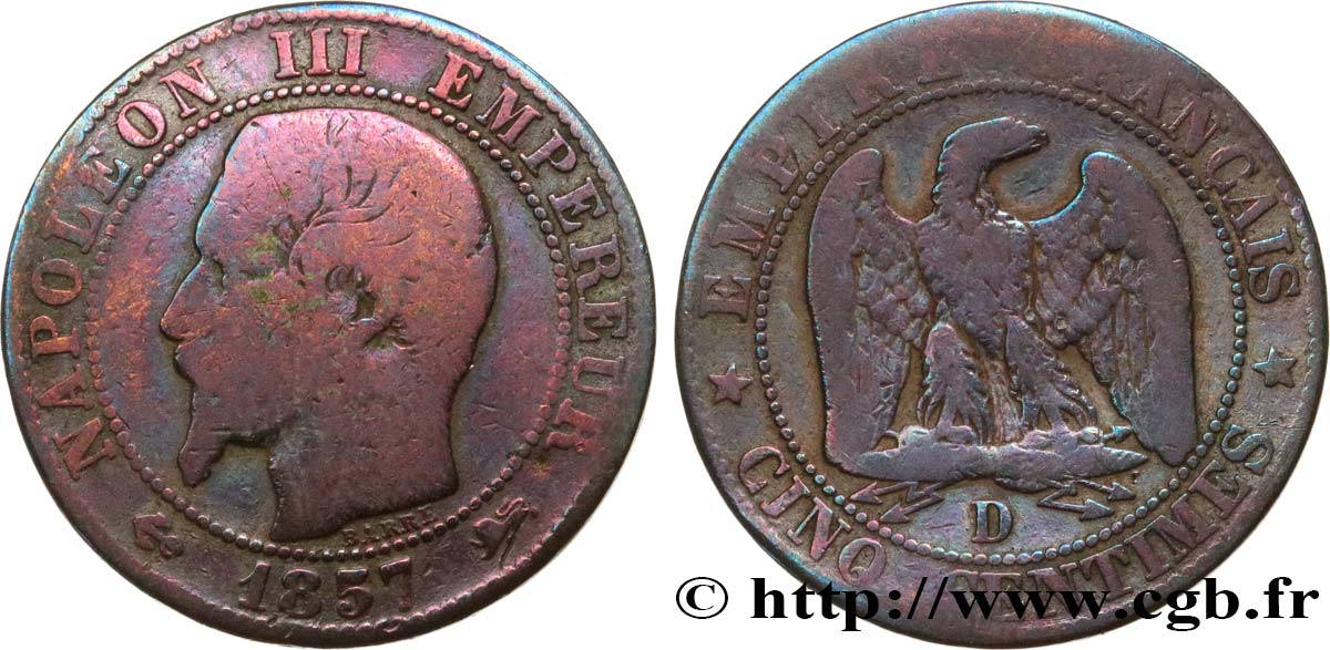 Cinq centimes Napoléon III, tête nue 1857 Lyon F.116/40 VG 