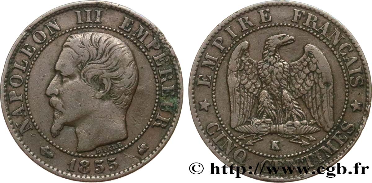Cinq centimes Napoléon III, tête nue 1855 Bordeaux F.116/25 TB30 