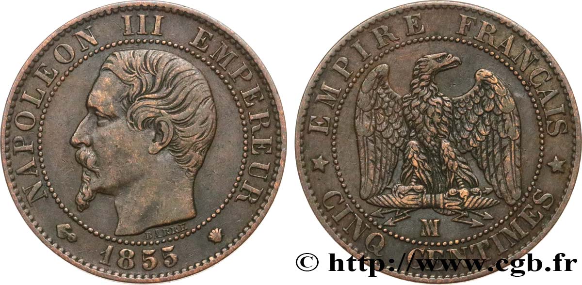 Cinq centimes Napoléon III, tête nue 1855 Marseille F.116/27 MBC45 