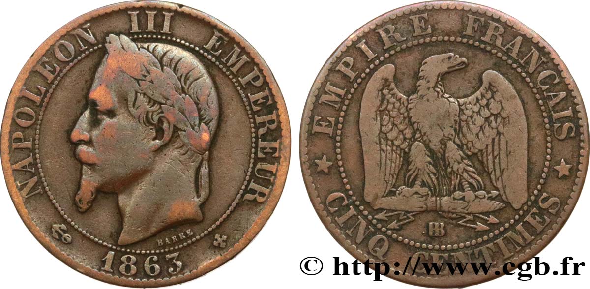 Cinq centimes Napoléon III, tête laurée 1863 Strasbourg F.117/11 F15 
