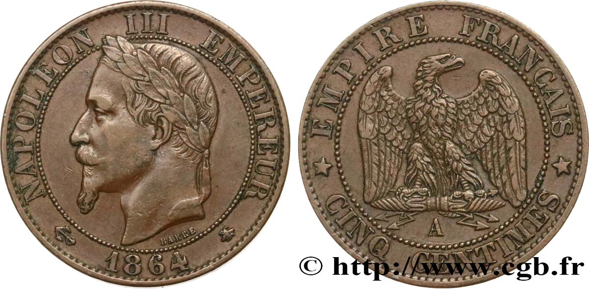 Cinq centimes Napoléon III, tête laurée 1864 Paris F.117/13 MBC45 