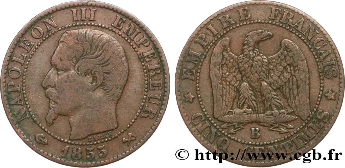Cinq centimes Napoléon III, tête nue 1855 Rouen F.116/19 BC30 