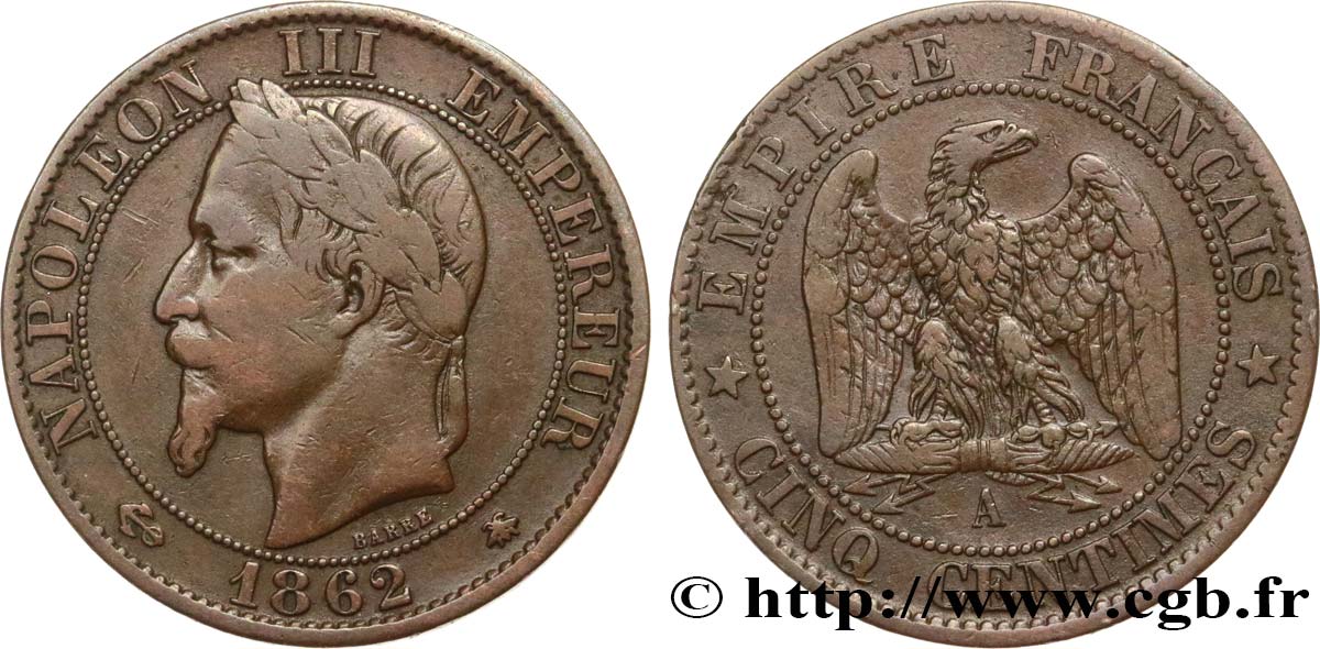Cinq centimes Napoléon III, tête laurée 1862 Paris F.117/7 S30 