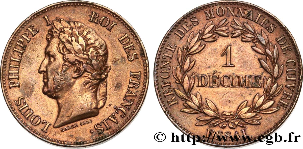 Essai de 1 décime en cuivre, poids lourd 1840 Paris VG.2915  MBC 