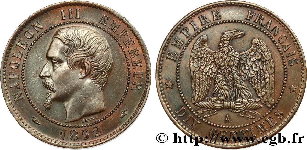 Dix centimes Napoléon III, tête nue 1852 Paris F.133/1 SPL+ 
