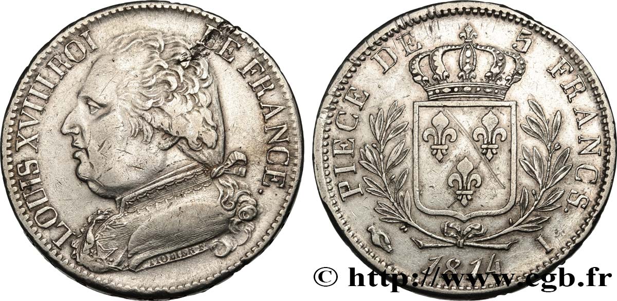 5 francs Louis XVIII, buste habillé 1814 Limoges F.308/6 TTB 