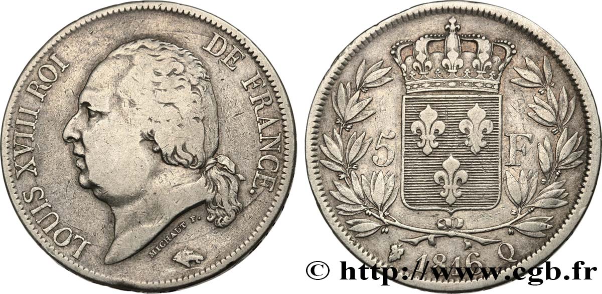 5 francs Louis XVIII, tête nue 1816 Perpignan F.309/11 TB 