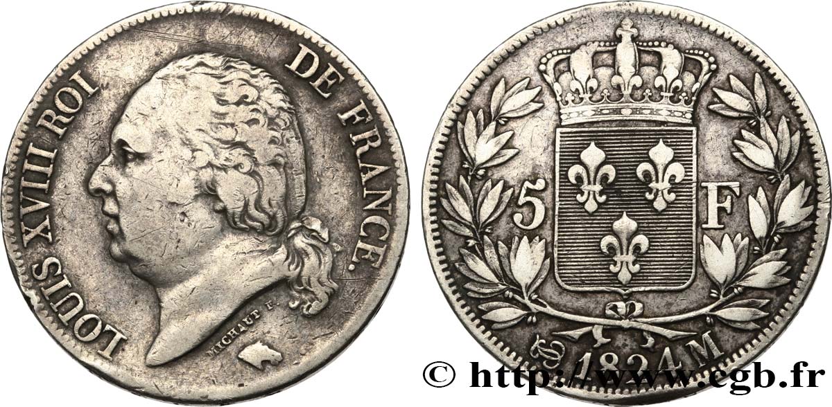 5 francs Louis XVIII, tête nue 1824 Toulouse F.309/95 TB35 