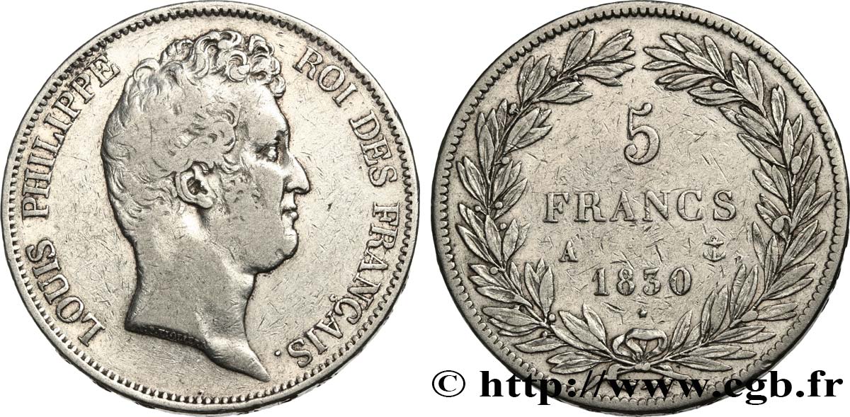 5 francs type Tiolier sans le I, tranche en relief 1830  Paris F.314/1 BC+ 