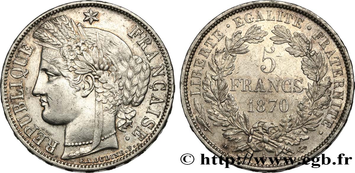 5 francs Cérès, avec légende 1870 Paris F.333/1 TTB+ 