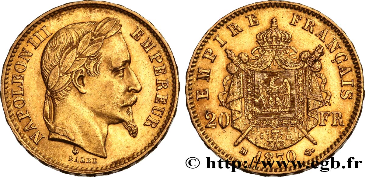 20 francs or Napoléon III, tête laurée 1870 Strasbourg F.532/24 TTB53 
